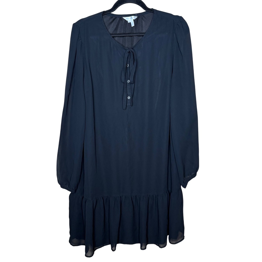 Draper James Black Long Sleeve Ruffle Hem Tie Neck Shift Dress Large Career